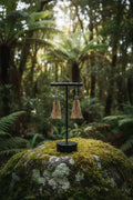 A pair of dangling tassel earrings with metallic silver tops and brown fringed tassels, hanging from a wooden display stand against a bright green backdrop.