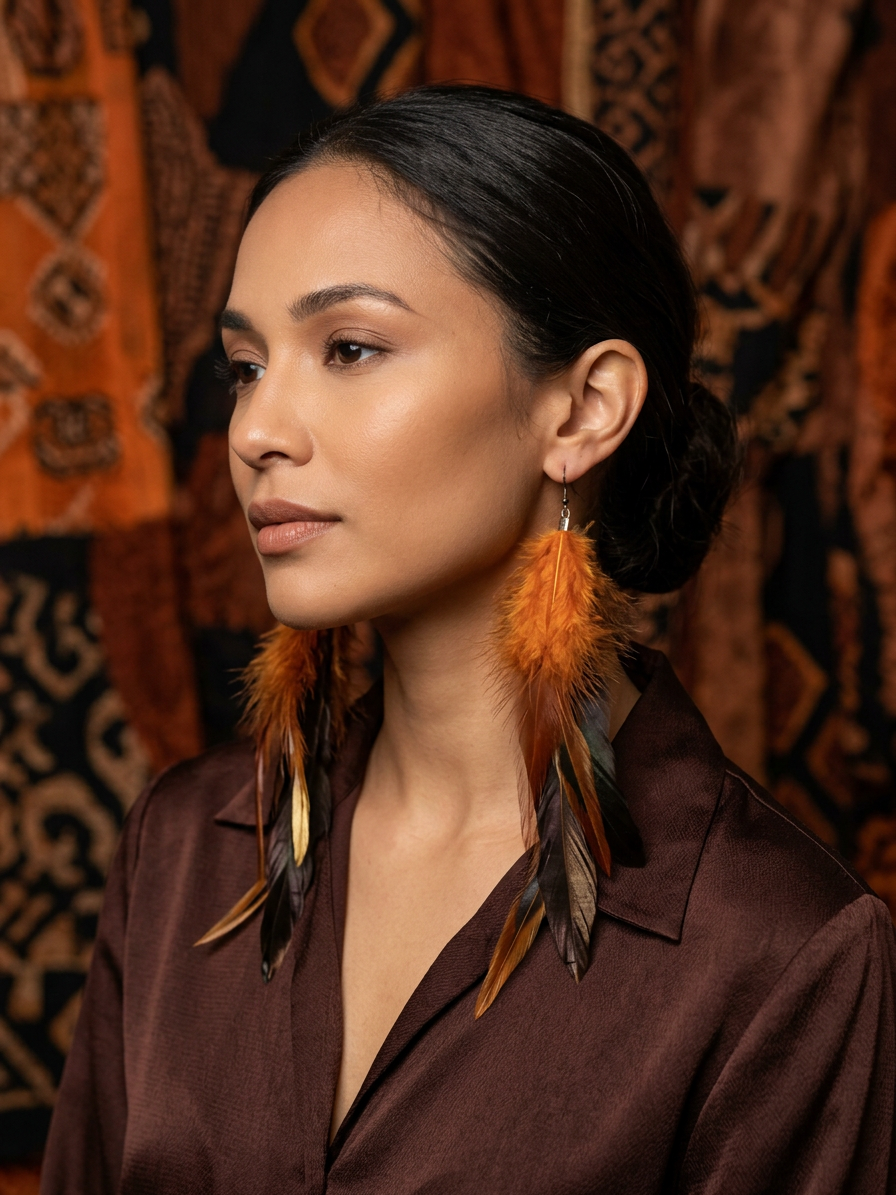 Large Orange & Black Feather Earrings