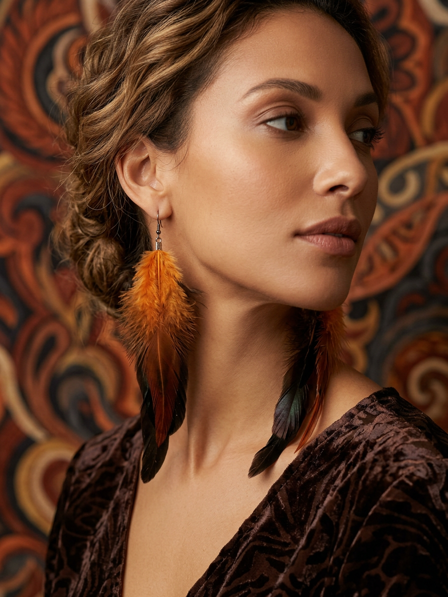 Large Orange & Black Feather Earrings
