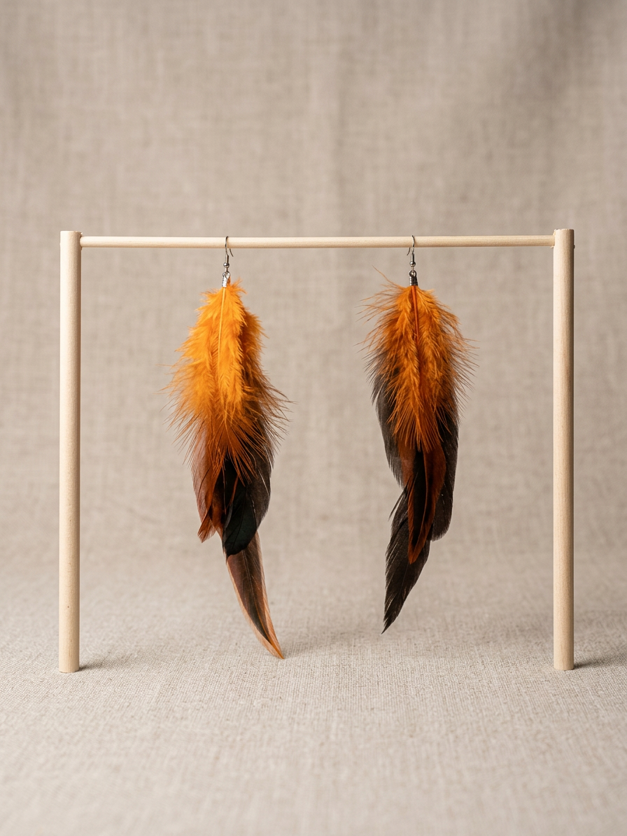 Large Orange & Black Feather Earrings