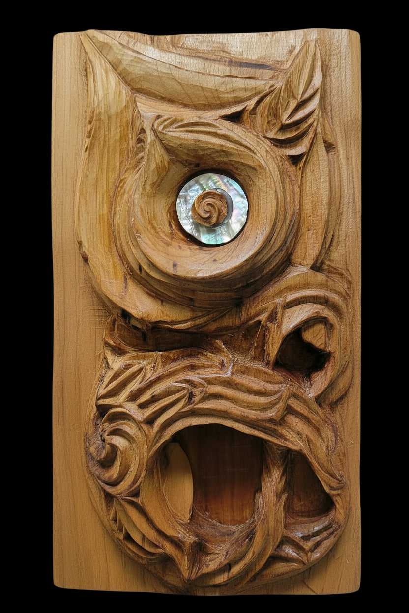 A close-up of a carved wooden wall art piece featuring an owl design with a circular paua eye detail, mounted on a natural wood panel.