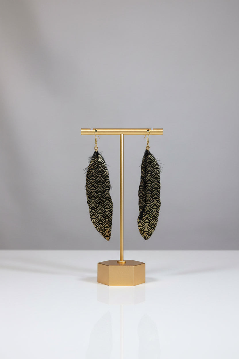 Black & Gold Feather Earrings (Uenuku)