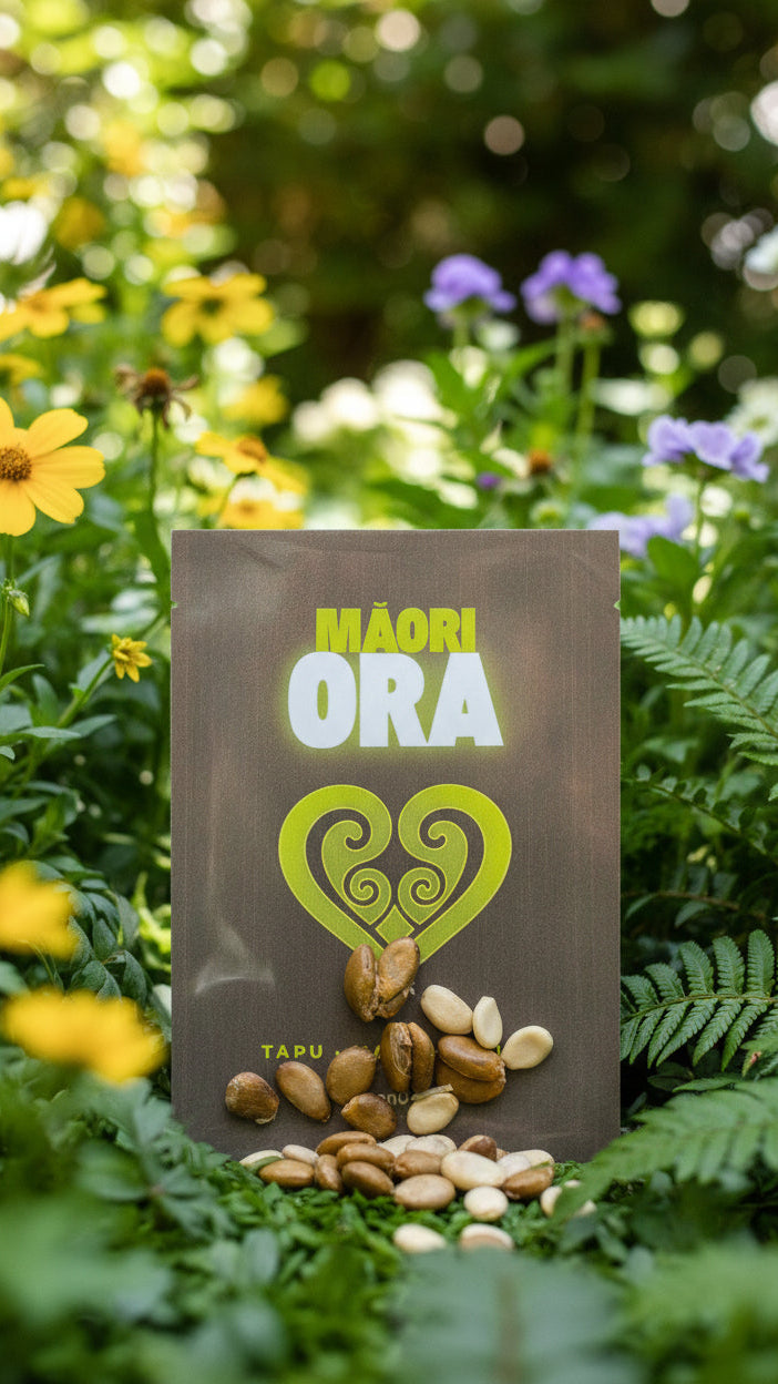 Maori ORA package with seeds on a gray background